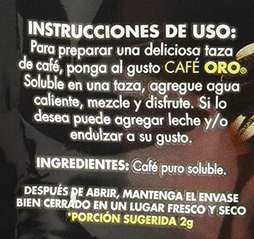 Cafe Oro Soluble. 100% Pure, 1.76 oz from Mexico. Instant coffee