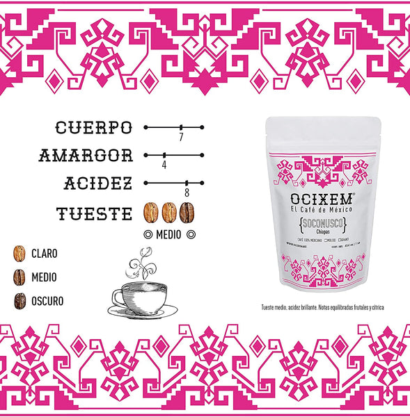 Ocixem Chiapas Coffee. Ground, artisan flavor. 16 ounce bag