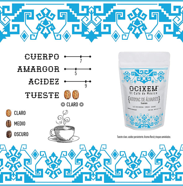 Ocixem Guerrero Coffee. Whole beam, artisan beam. 16 ounce bag