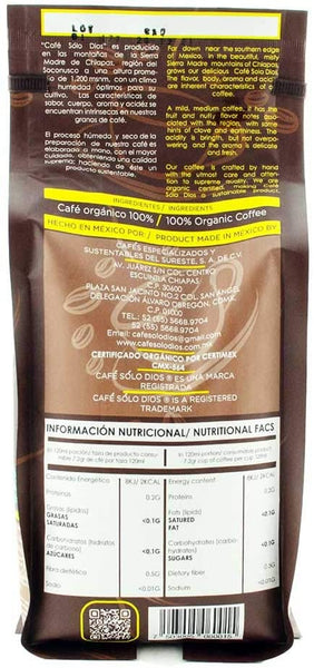 Solo Dios Coffee. Whole beam, artisan flavor. 35 ounce bag